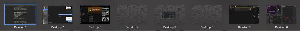macOS Mission Control view showing multiple desktop spaces